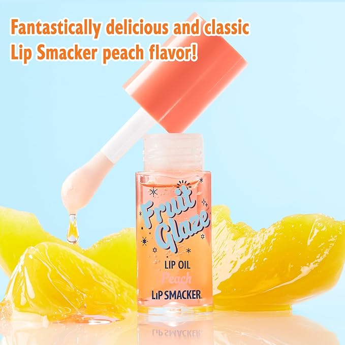 Lip Smacker Fruit Glaze Lip Oil, Ultra-Hydrating & Moisturizing with High-Shine Finish, Plush Applicator for Effortless Glide, Delicious Non-Sticky Flavor - Peach