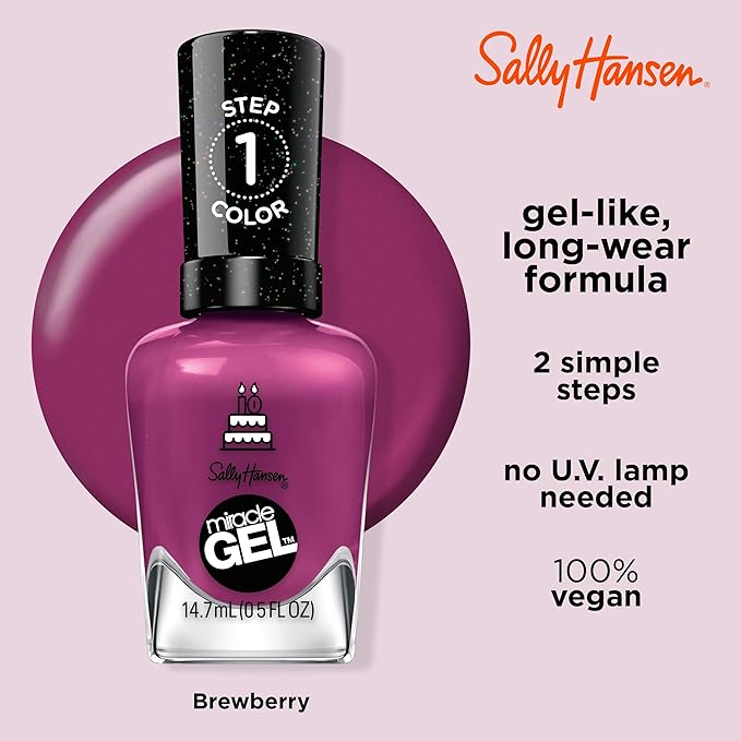 Sally Hansen Miracle Gel™, One Gel of a Party Brewberry, Long Lasting, Gel-Like Formula, No UV Lamp Needed, Purple Nail Polish