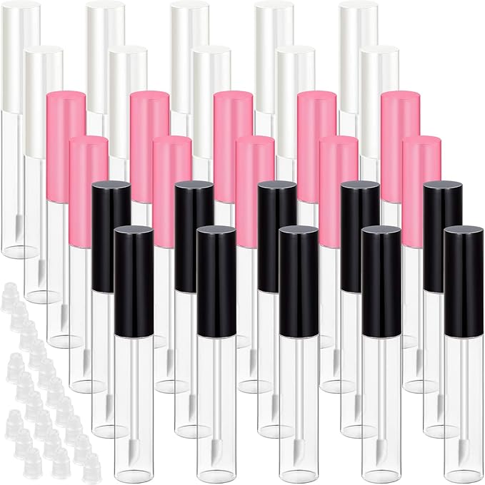30 Piece Lip Gloss Tube 10 ml Empty Refillable Lip Balm Bottle Clear Plastic Gloss Container Reusable Lipstick Bottle with Rubber Insert for Lipstick(Pink, Black, White)