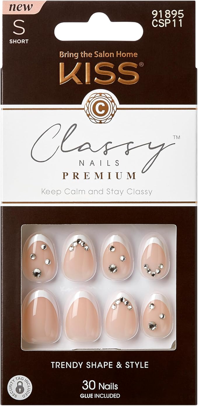 KISS Classy Nails Premium, Press-On Nails, Nail glue included, 'Prevailing', Light White, Short Size, Almond Shape, Includes 30 Nails, 2G Glue, 1 Manicure Stick, 1 Mini File