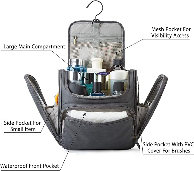 BAGSMART Hanging Toiletry Bag, Water-resistant Leather Dopp Kit, Large Travel Organizer for Full Sized Container, Grey
