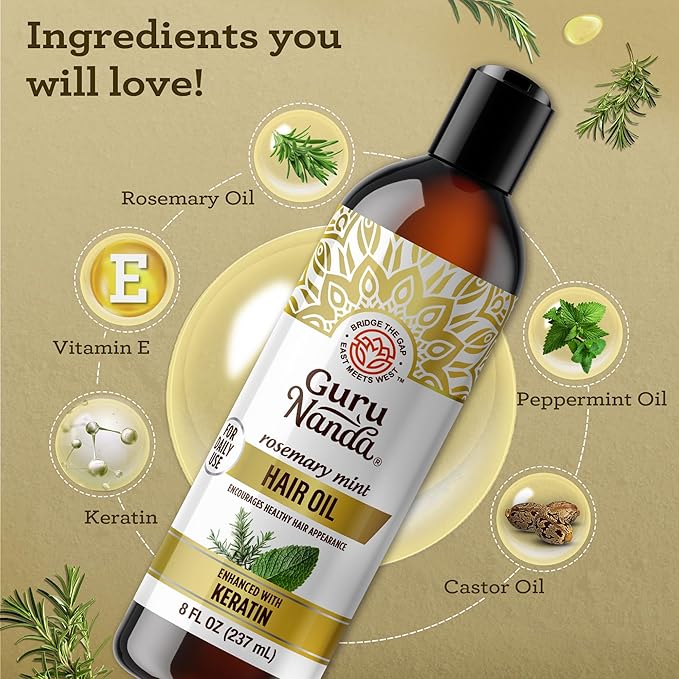 GuruNanda Rosemary Mint for Hair Growth with Keratin & Vitamin E Oil - Encourages Scalp, Shine & Hair Strengthening- 100% Natural, Cruelty-Free, 8oz