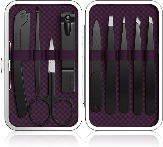 Yougai Tweezers Set,9 Pcs Professional Stainless Steel Eyeberow Tweezer Kit for Women and Men, Great Precision Tweezers No Gaps with Leather Travel Case