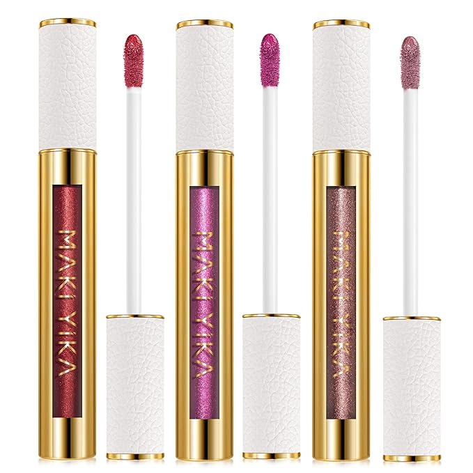 MAKI YIKA 3Pc Metallic Lipstick for Women, Red Pink Brown Glitter, Long Lasting, Full-Coverage Liquid Lip Gloss