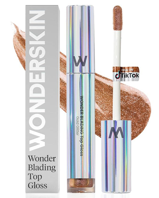 Wonderskin WONDER BLADING Top Gloss - Gold Glitter Lip Gloss, Hydrating and High Shine Finish Lip Makeup (Gold Glitter)