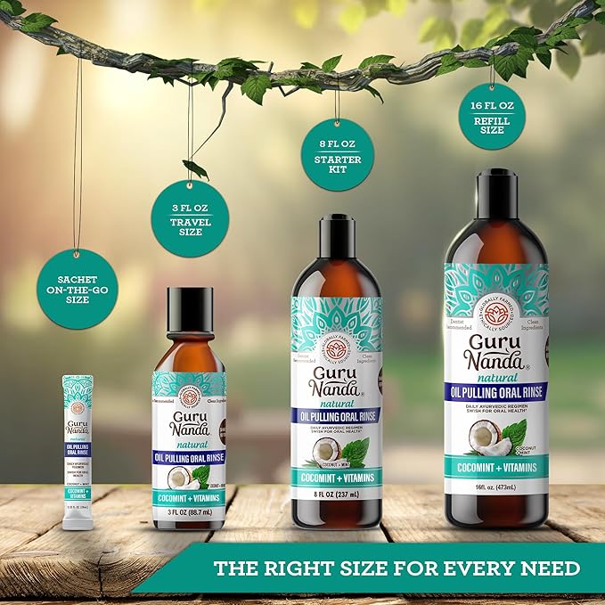 GuruNanda CocoMint Oil Pulling Mouthwash for Complete Oral Hygiene, 7 Essential Oils & Vitamins for Happy Teeth & Gums & Fresh Breath, Alcohol-Free, 16 oz