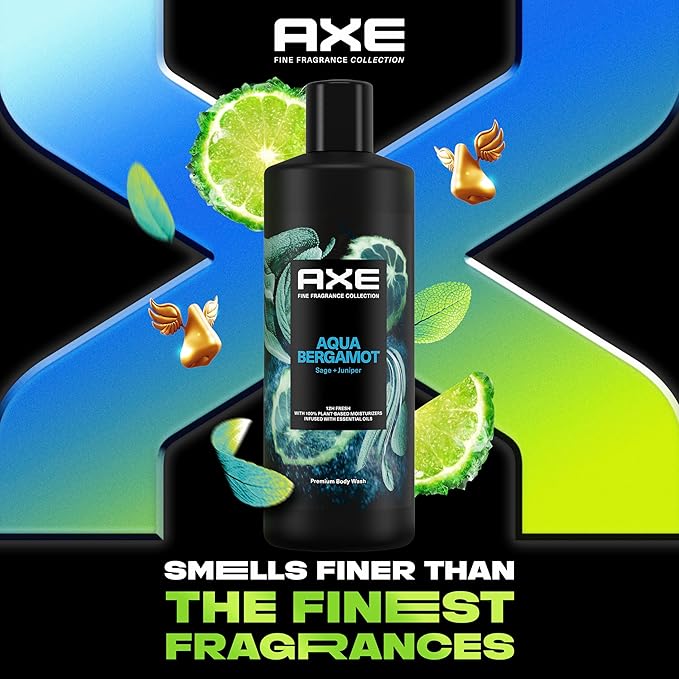 AXE Fine Fragrance Collection Body Wash For Men Aqua Bergamot 4 Count 12h Refreshing Scent Shower Gel Infused with Bergamot, Sage, and Juniper Essential Oils 18 oz