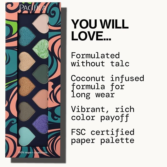 Pacifica Eyeshadow Palette – Waikiki Mineral Eyeshadow, Blendable Shimmer & Matte Shades w/Velvet Matte, Shimmer & Metallic, Cocoa Butter Infused, Talc-Free, Vegan & Cruelty-Free, 0.24 oz 10 Shades