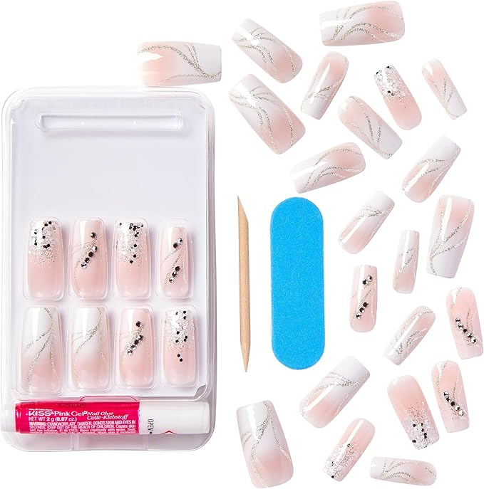 KISS Classy Premium Press On Nails, 'Stunning!', French, Long Length, Square Shape, Includes 30 Fake Nails, 2g Pink Gel Nail Glue, 1 Manicure Stick, 1 Mini File (Pack of 2)