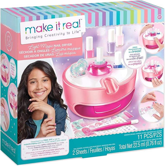Light Magic Nail Dryer & Polish Set for Girls & Teens - 5 Vibrant Nail Colors, Art Stickers, Nail File, Cuticle Pusher & Dryer - Water-Based, Non-Toxic Polish Perfect Spa Day Manicures Make it Real