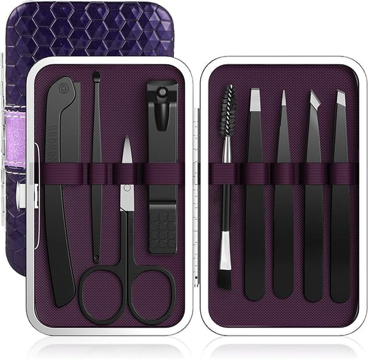 9PCS Tweezers Set for Facial Hair, Precision Tweezer for Eyebrows with Curved Scissor and Eyebrow Razor for Ingrown Hair as Stocking Stuffers Gifts for Women/men