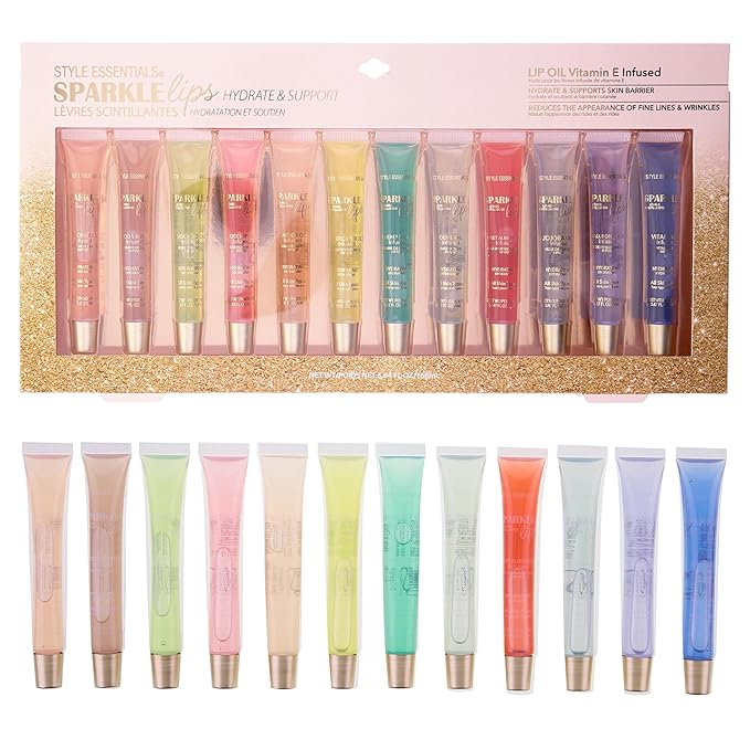EXPRESSIONS 12pc Sparkle Lips Lip Oils - Vitamin E Infused Lip Gloss, Lip Oil Collection | Hydrating Lip Care, Safe and Non-Toxic Lip Gloss Gift Set
