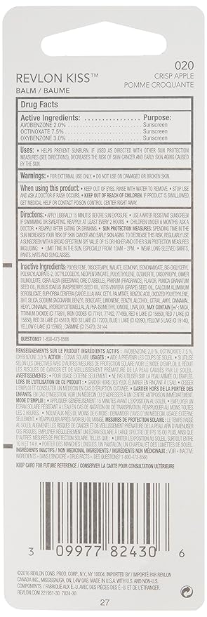 Revlon Lip Balm, Kiss Tinted Lip Balm, Face Makeup With Lasting Hydration, SPF 20, Infused With Natural Fruit Oils, 030 Crisp Apple, 0.09 Oz