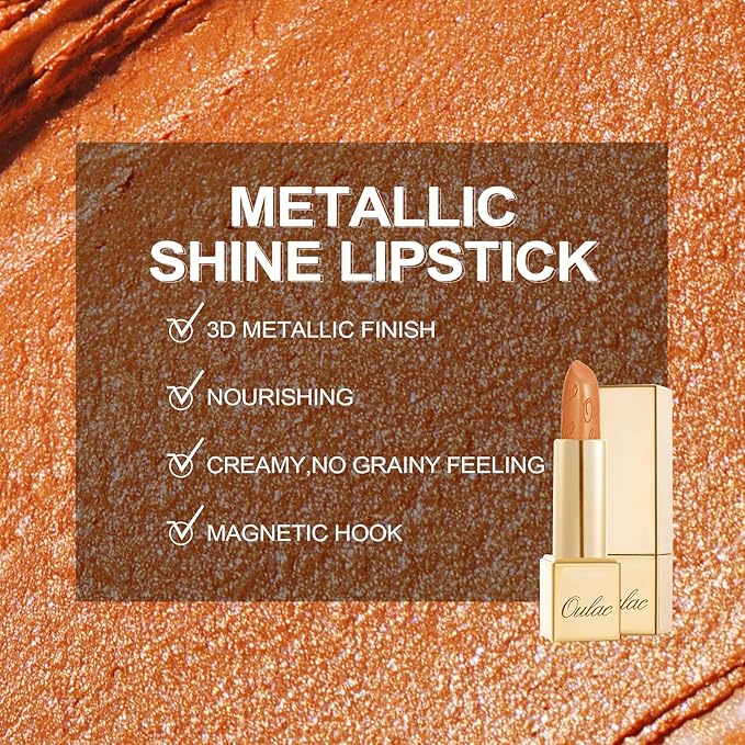 Oulac Pumpkin Color Lipstick with Metallic 3D Shine Hydrating Formula, High Impact Lip Color, Vegan Beauty, Full Coverage Lip Makeup, Christmas Gifts for Women, Persimmons(19)