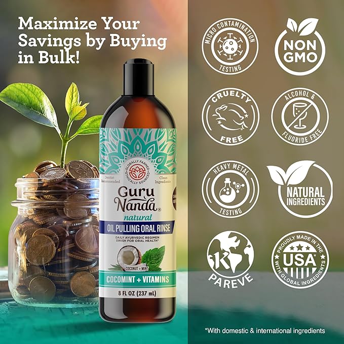 GuruNanda CocoMint Oil Pulling Mouthwash for Complete Oral Hygiene, 7 Essential Oils & Vitamins for Happy Teeth & Gums & Fresh Breath, Alcohol-Free, 6X8 oz