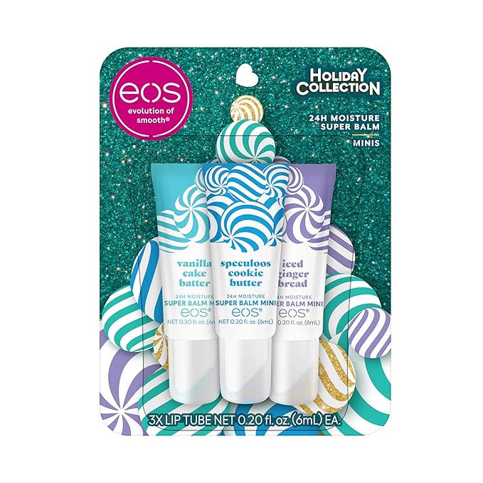 eos Holiday 24H Moisture Mini Super Balm Set- Speculoos Cookie Butter, Iced Gingerbread, Vanilla Cake Batter, Limited-Edition Lip Care, Stocking Stuffers, 0.20 fl oz, 3-Pack