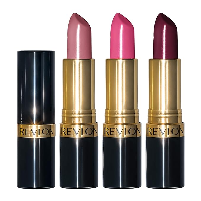 Revlon Super Lustrous 3-Piece Lipstick Gift Set, High Impact, Moisturizing, Cream Finish, 764 On The Mauve, 778 Pink Promise, 477 Black Cherry, 0.45 Oz