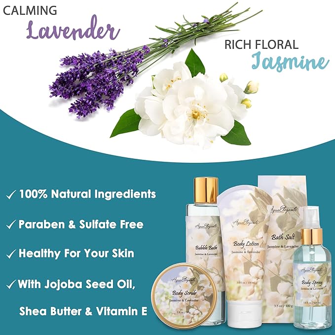 Spa Gift Baskets For Women - Luxury Bath Set With Jasmine & Lavender - Spa Kit Includes Body Wash, Bubble Bath, Lotion, Bath Salts, Body Scrub, Body Spray, Shower Puff, and Towel