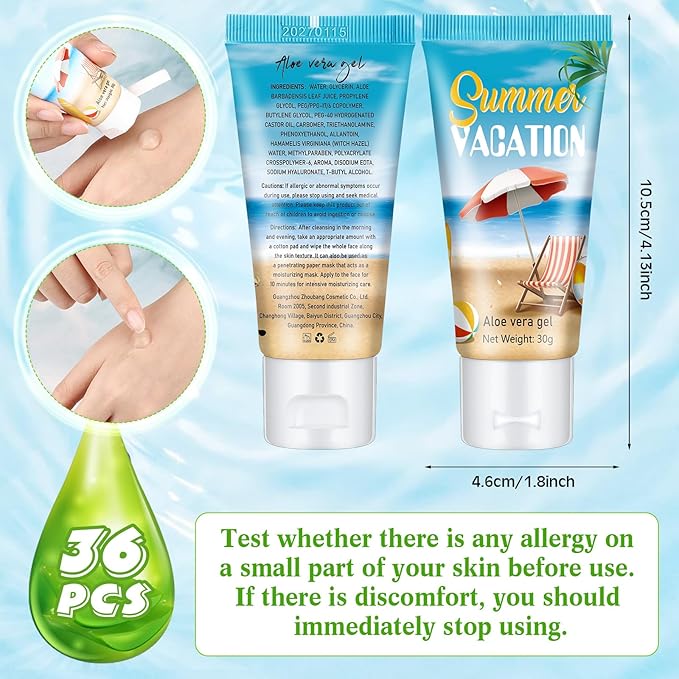 36 Pcs Mini Aloe Vera Gel Travel Size Bulk for Summer Vacation Party 1oz After Sun Aloe Vera Gel Sunburn Relief Hydrating Face Body Moisturizer Cream for Gifts Summer Party Supplies