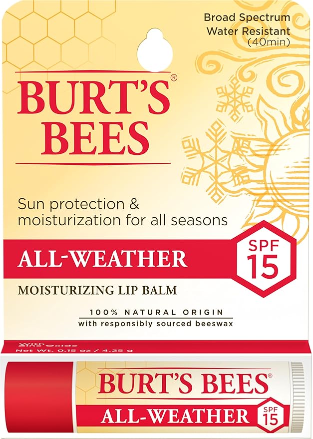 Burt's Bees All Weather SPF 15 Lip Balm, Water-Resistant Lip Moisturizer, Tint-Free, Natural Conditioning Lip Treatment, 1 Tube, 0.15 oz.