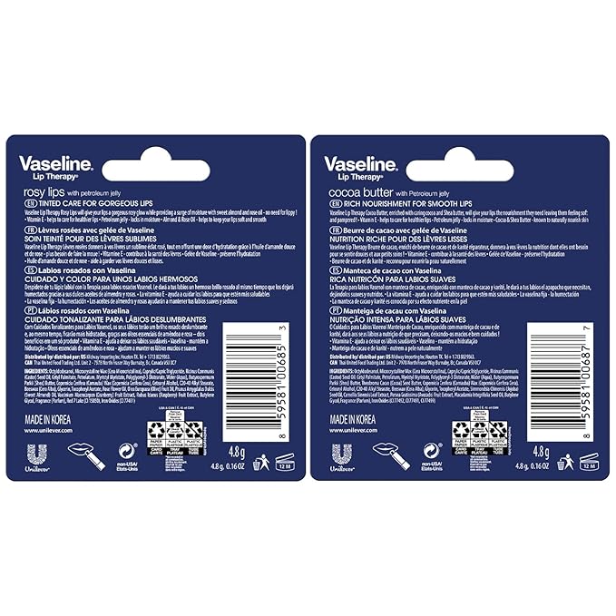Vaseline Lip Therapy Variety 4-Pack – Rosy Lips + Cocoa Butter Moisturizing Lip Balm with Vitamin E, 0.16 Oz Ea