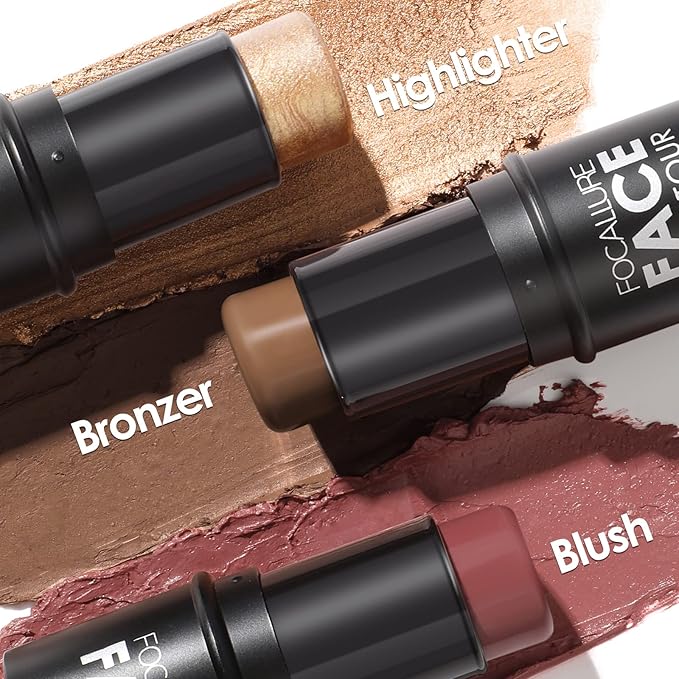 FOCALLURE 3 Pcs Cream Contour Sticks,Shades with Highlighter Finishing Makeup,MEDIUM-DEEP