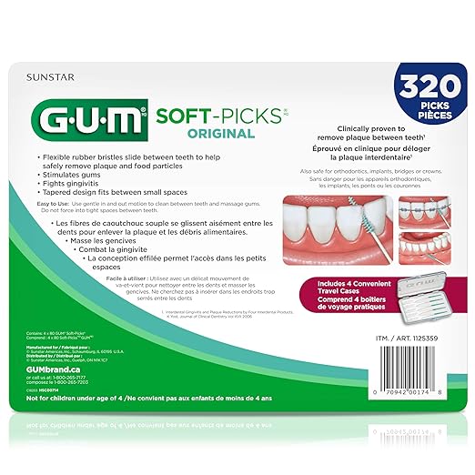 GUM Soft-Picks Original, Easy to Use Dental Picks for Teeth Cleaning and Gum Health, Disposable Interdental Brushes with Convenient Carry Case, Dentist Recommended Dental Picks, 320ct