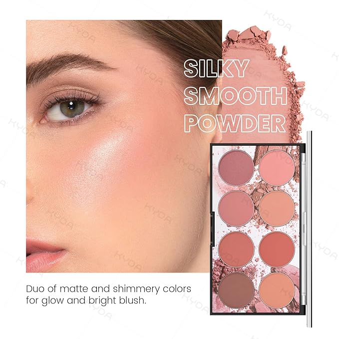 KYDA 8 Colors Face Blush Palette, Natural Matte Blush Palette, Smooth Blendable Powder, Multiuse Blusher Makeup with Contour and Highlighter