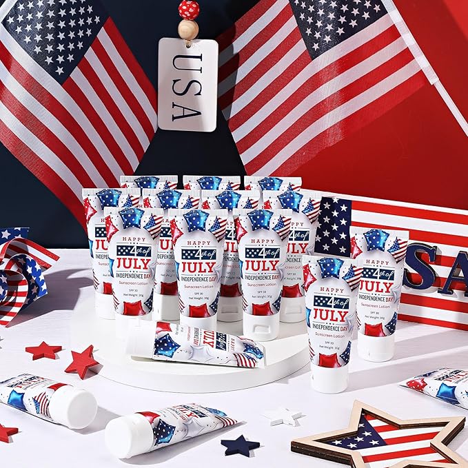 24 Pcs 4th of July Party Supplies Bulk Spf 30 Mini Sunscreen for Summer Independence Day Party 1oz Travel Size Thank You Gifts for Patriotic Favors Supplies
