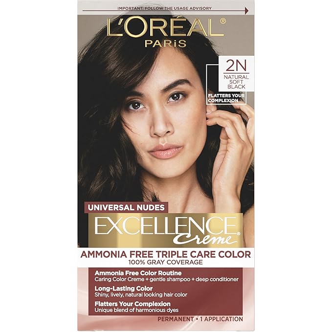 L’Oreal Paris Excellence Universal Nudes Permanent Hair Color, Ammonia Free Hair Dye for Gray Hair Coverage, 2N Natural Soft Black, 1 Hair Dye Kit