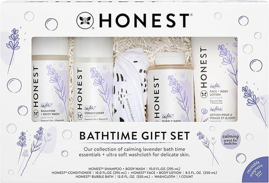 The Honest Company Calming Lavender Bathtime Gift Set | Hypoallergenic Bath Essentials for Sensitive Skin | Shampoo + Body Wash, Face + Body Lotion, Bubble Bath, Conditioner, Wash Cloth