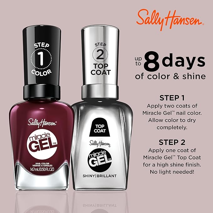 Sally Hansen Miracle Gel, Wine Stock, Long Lasting, Gel-Like Formula, No UV Lamp Needed, Opaque, Shiny Red Nail Polish