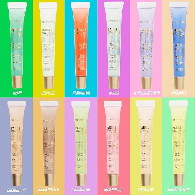 EXPRESSIONS 12pc Sparkle Lips Lip Oils - Vitamin E Infused Lip Gloss, Lip Oil Collection | Hydrating Lip Care, Safe and Non-Toxic Lip Gloss Gift Set