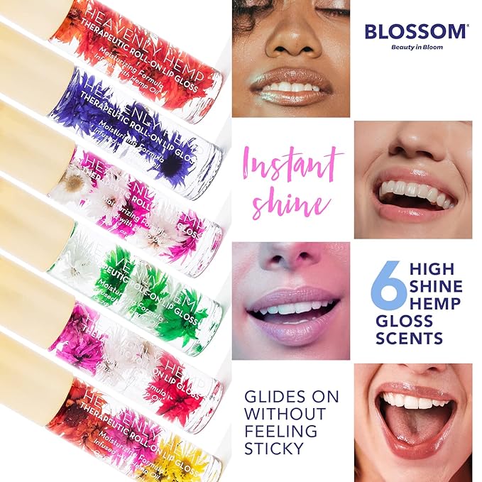 Blossom Roll on Lip Gloss, Scented Clear High Shine Moisturizing Lip Oil, Non Sticky, Infused with Real Flowers, Made in USA, 0.2oz, Watermelon Hemp