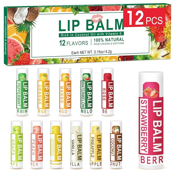 DMSKY 12 Pack Lip Balm, Natural