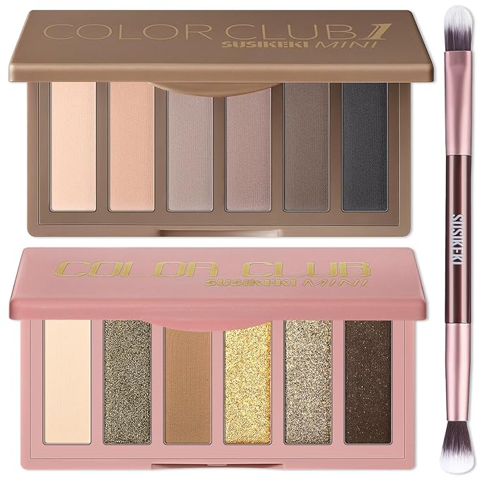 2PCS 6 Colors Mini Naked Eyeshadow Palette Makeup with Brush Set Neutral Nude Eye Shadow Brown & Olive-colored Matte Shimmer Make Up Pallet with Mirror Highly Pigmented Travel Size Gift Kit
