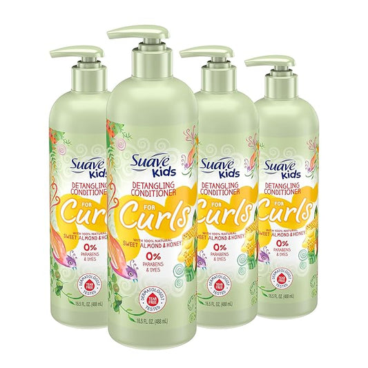 Suave Kids Natural Sweet Almond Honey Curly Hair Detangling Conditioner, Tear Free, No Parabens, No Dyes, 16.5 Oz Pack of 4