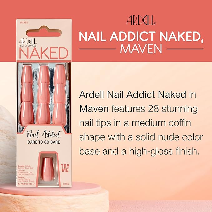 Ardell Nail Addict Naked Maven, Press On Nails, Medium Coffin Shape, Nail Kit, 1-Pack