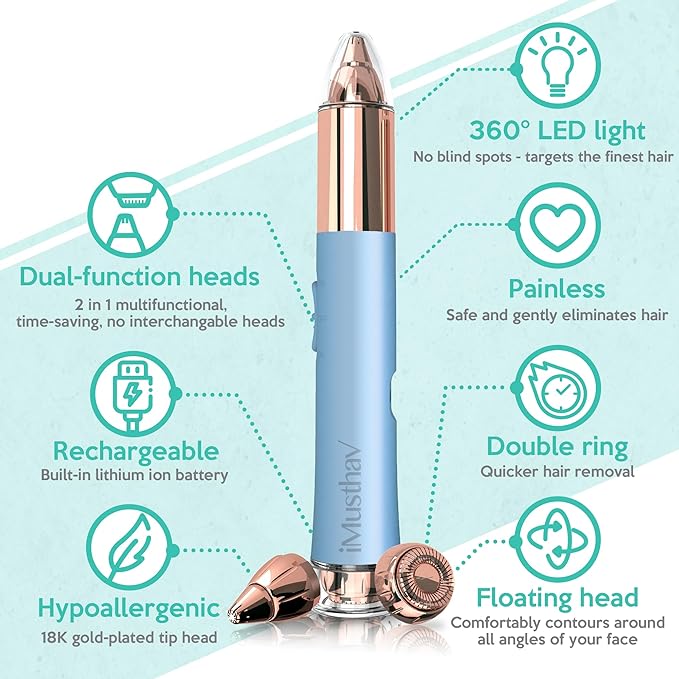 2-in-1 Portable Rechargeable Painless Eyebrow Trimmer & Facial Hair Remover, removes eyebrow, face, lips and body hair for women. 18K gold plated hypoallergenic heads, 360° LED light for Hair Remover