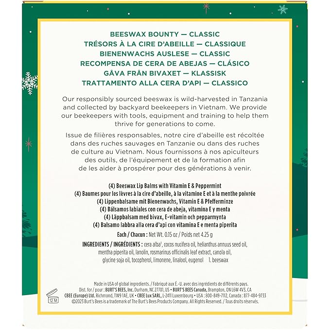 Burt's Bees Lip Balm, Beeswax Bounty, Classic, 4-Pack, 0.15 Oz