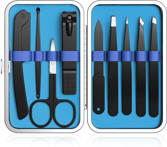Yougai Tweezers Set and Nail Clipper, Tweezers Set for Men/Women, 9PCS Professional Stainless Steel Tweezers Kit with Leather Travel Case