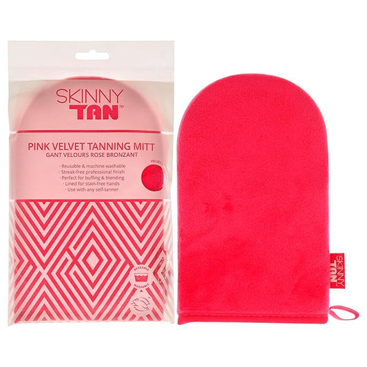 Skinny Tan Pink Velvet Tanning Mitt - Velvety Soft Luxe Texture - Waterproof Lining to Keep Hands Stain Free - Smooth for Flawless Finish - Long-Lasting and Machine Washable - 1 pc Applicator