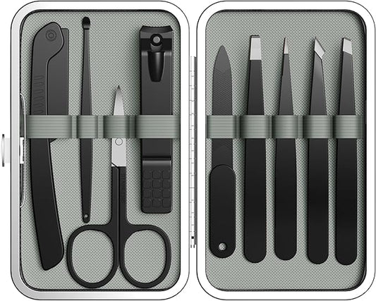 Yougai Tweezers Set, 9 Pcs Tweezers and Nail Clippers Kit for Facial Hair Women with Travel Case, Professional Stainless Steel Eyebrow Tweezer Kit Great Precision Tweezers for Daily Beauty Tool