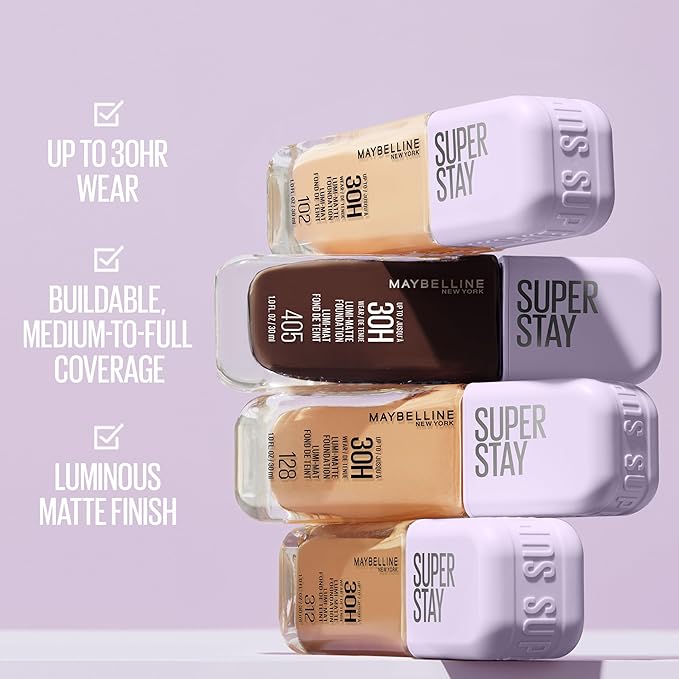 Maybelline Super Stay Lumi-Matte Foundation, Lightweight and Buildable Full Coverage Foundation Makeup For Up To 30HR Wear, 312, 1 Count