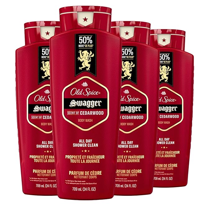 Old Spice Refreshing Body Wash for Men, 3X Defense, 24/7 Shower Fresh with Long Lasting Scent, Red Collection, Swagger with Cedarwood Scent, 24 oz (Pack of 4)