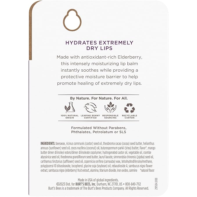 Burt's Bees Rescue Balm Elderberry Lip Balm, With Antioxidant-Rich Elderberry, Tint-Free, Natural Origin Lip Care, 2 Tubes, 0.15 oz.