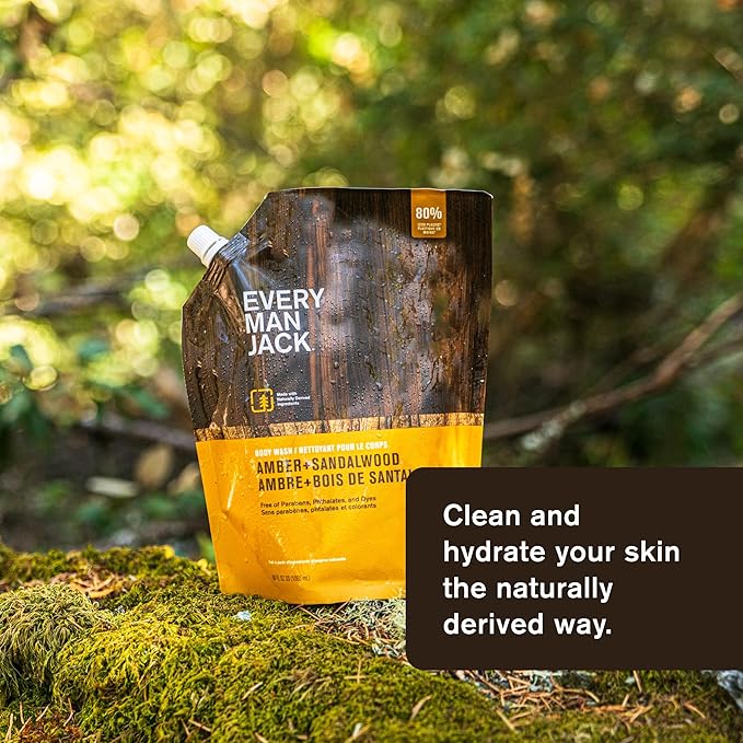 Every Man Jack Amber + Sandalwood Mens Body Wash Refill Starter Pouch - Naturally Derived Ingredients - Paraben Free, Phthalate Free, Dye Free - (1-36oz pouch, 1-24oz bottle)