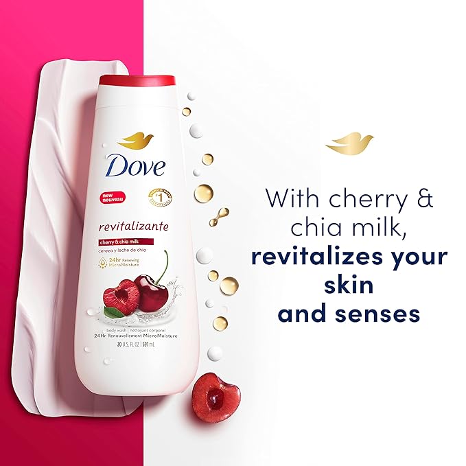 Dove Body Wash Revitalizante Cherry & Chia Milk 4 Count for Renewed, Healthy-Looking Skin Gentle Skin Cleanser with 24hr Renewing MicroMoisture 20 oz
