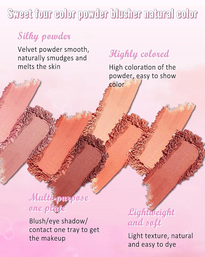 Matte Face Blush Palette Kit with Brush-4 Colors Pink Purple Orange Silky Mineral Blendable Blusher Contour Powder for Cheeks,Longlasting Professional Facial Beauty Makeup Gift for Women Girl-Set 02