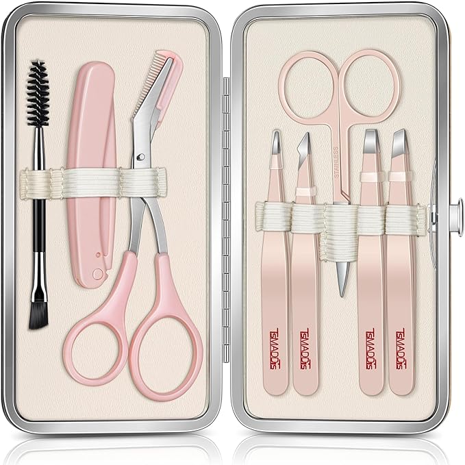 TsMADDTs Tweezers for Women Facial Hair, 8 in 1 Eyebrow Kit with Tweezers, Eyebrow Trimmer Scissors, Razor, Brush with Travel Bag, Hair Plucking Daily Beauty Tools